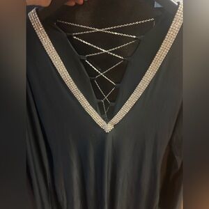 Black Mini Dress w/ Silver Chain on back and Rhinestone Detailing on front. S/M